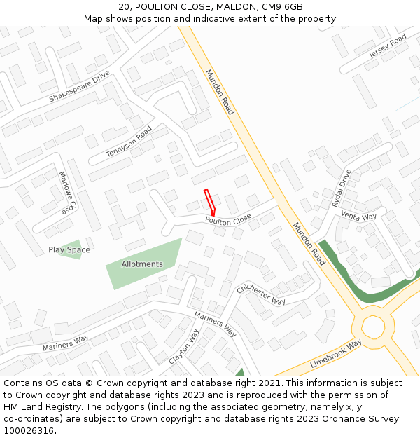 20, POULTON CLOSE, MALDON, CM9 6GB: Location map and indicative extent of plot