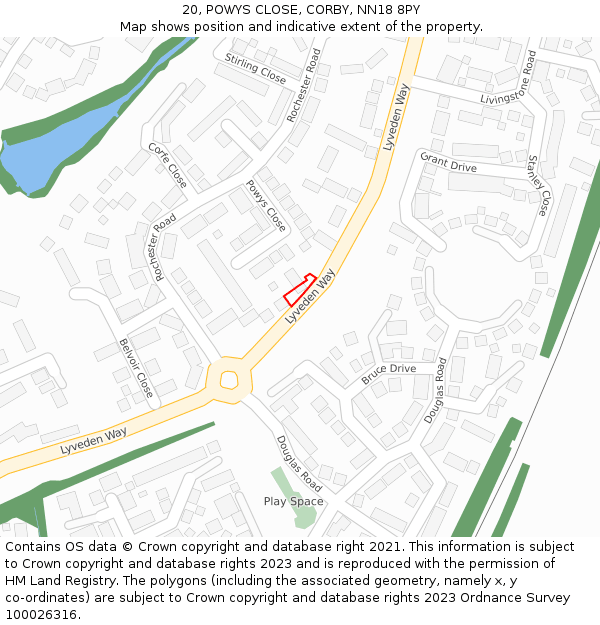 20, POWYS CLOSE, CORBY, NN18 8PY: Location map and indicative extent of plot