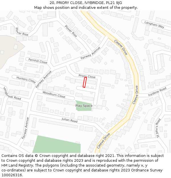 20, PRIORY CLOSE, IVYBRIDGE, PL21 9JG: Location map and indicative extent of plot