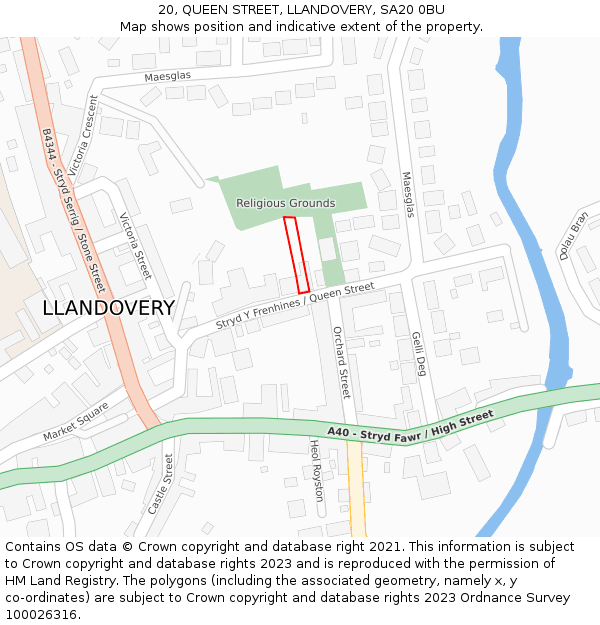 20, QUEEN STREET, LLANDOVERY, SA20 0BU: Location map and indicative extent of plot