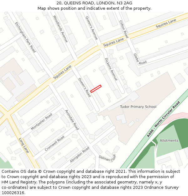 20, QUEENS ROAD, LONDON, N3 2AG: Location map and indicative extent of plot