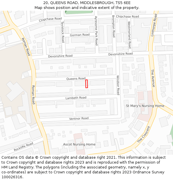 20, QUEENS ROAD, MIDDLESBROUGH, TS5 6EE: Location map and indicative extent of plot