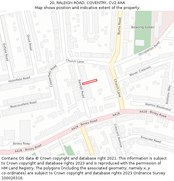 20, RALEIGH ROAD, COVENTRY, CV2 4AA: Location map and indicative extent of plot