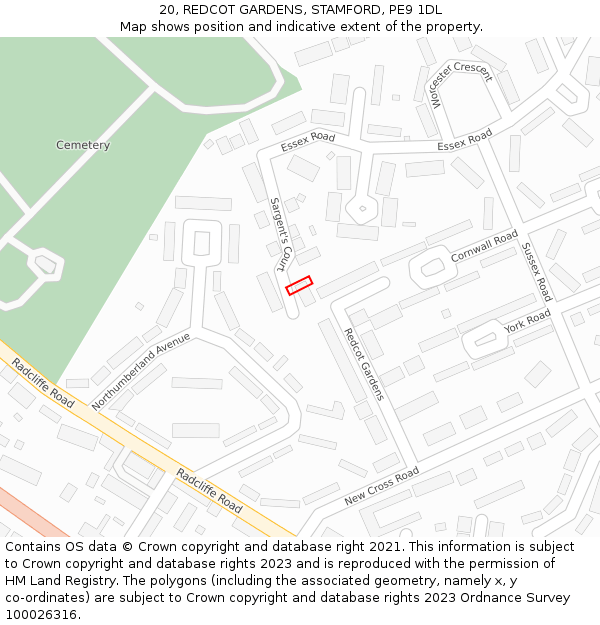 20, REDCOT GARDENS, STAMFORD, PE9 1DL: Location map and indicative extent of plot