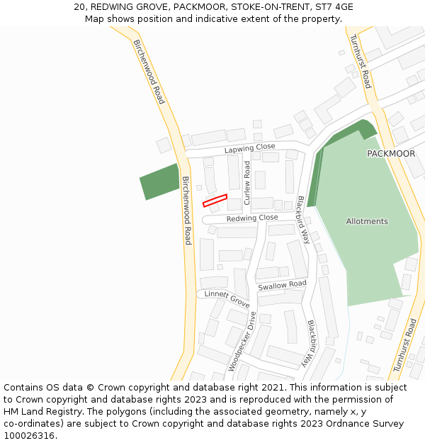 20, REDWING GROVE, PACKMOOR, STOKE-ON-TRENT, ST7 4GE: Location map and indicative extent of plot