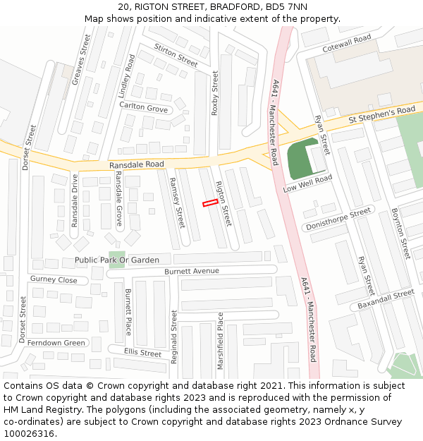 20, RIGTON STREET, BRADFORD, BD5 7NN: Location map and indicative extent of plot