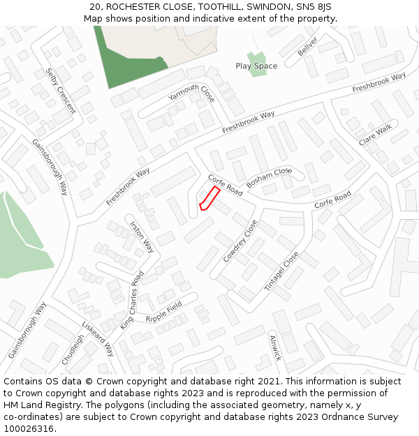 20, ROCHESTER CLOSE, TOOTHILL, SWINDON, SN5 8JS: Location map and indicative extent of plot