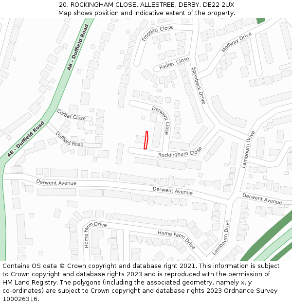 20, ROCKINGHAM CLOSE, ALLESTREE, DERBY, DE22 2UX: Location map and indicative extent of plot