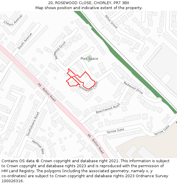 20, ROSEWOOD CLOSE, CHORLEY, PR7 3BX: Location map and indicative extent of plot