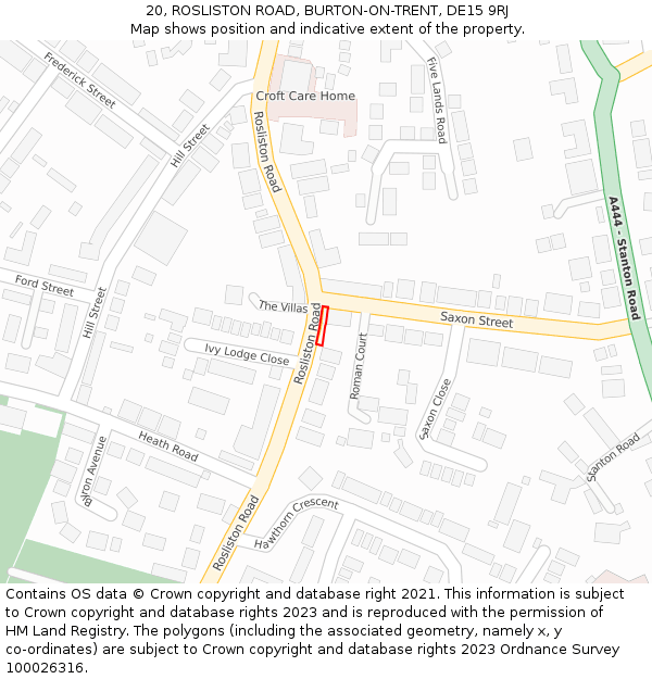 20, ROSLISTON ROAD, BURTON-ON-TRENT, DE15 9RJ: Location map and indicative extent of plot