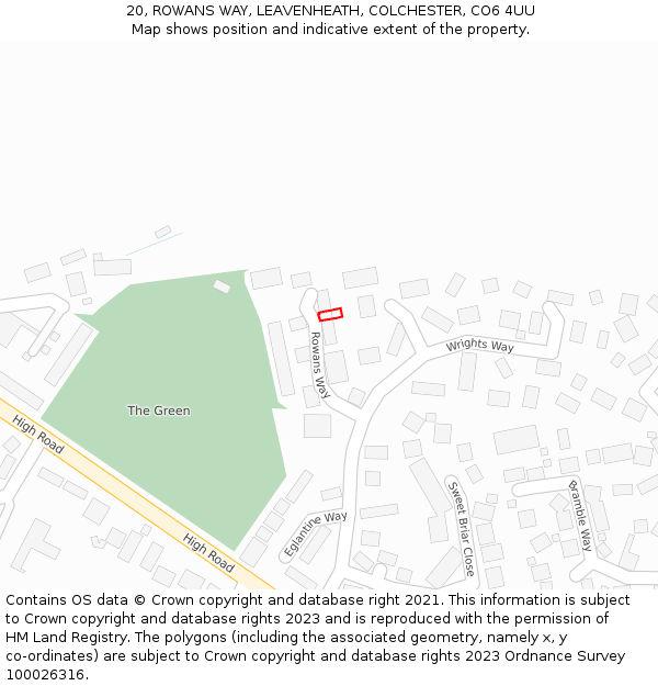 20, ROWANS WAY, LEAVENHEATH, COLCHESTER, CO6 4UU: Location map and indicative extent of plot