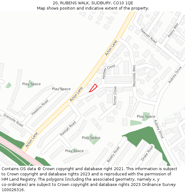 20, RUBENS WALK, SUDBURY, CO10 1QE: Location map and indicative extent of plot