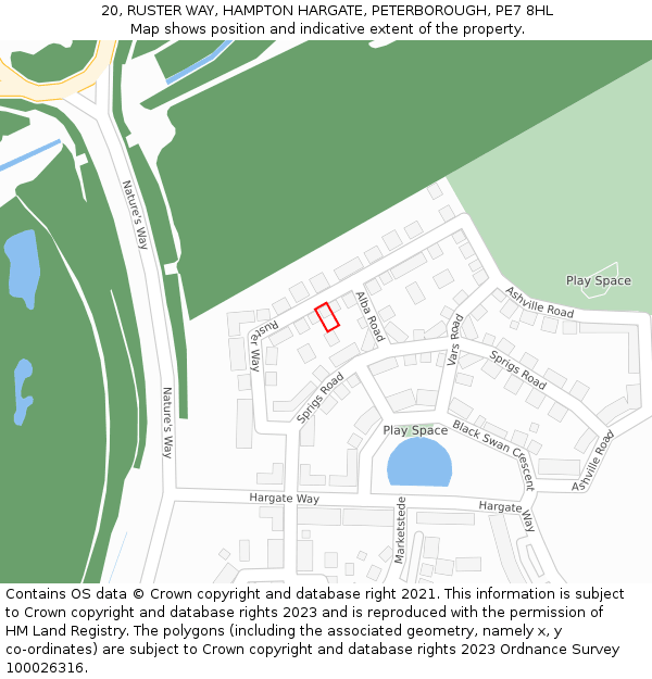 20, RUSTER WAY, HAMPTON HARGATE, PETERBOROUGH, PE7 8HL: Location map and indicative extent of plot