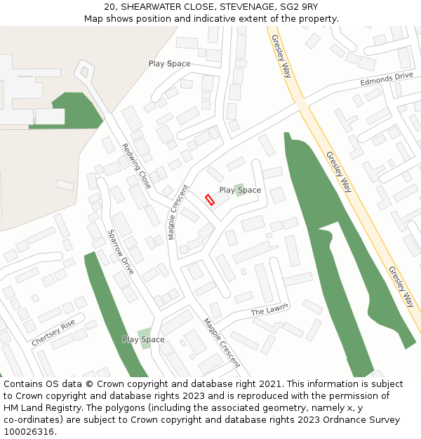 20, SHEARWATER CLOSE, STEVENAGE, SG2 9RY: Location map and indicative extent of plot