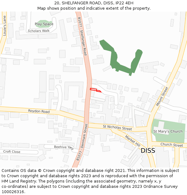 20, SHELFANGER ROAD, DISS, IP22 4EH: Location map and indicative extent of plot