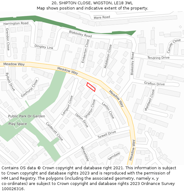 20, SHIPTON CLOSE, WIGSTON, LE18 3WL: Location map and indicative extent of plot