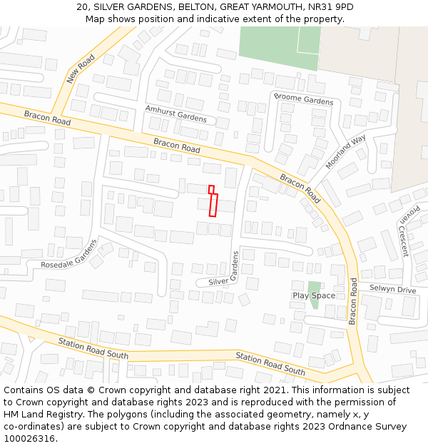 20, SILVER GARDENS, BELTON, GREAT YARMOUTH, NR31 9PD: Location map and indicative extent of plot