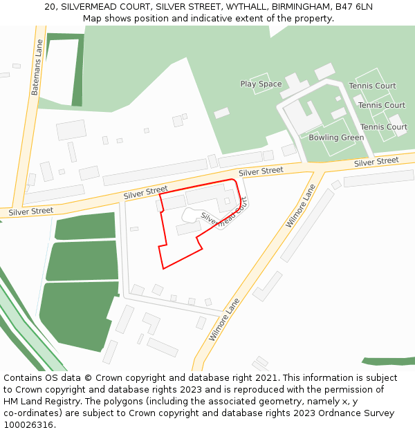 20, SILVERMEAD COURT, SILVER STREET, WYTHALL, BIRMINGHAM, B47 6LN: Location map and indicative extent of plot
