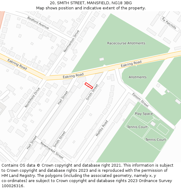 20, SMITH STREET, MANSFIELD, NG18 3BG: Location map and indicative extent of plot