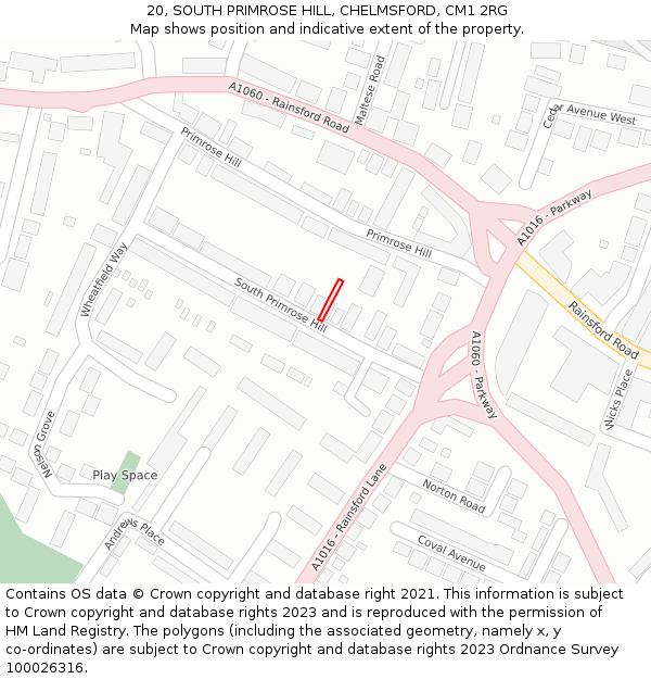 20, SOUTH PRIMROSE HILL, CHELMSFORD, CM1 2RG: Location map and indicative extent of plot