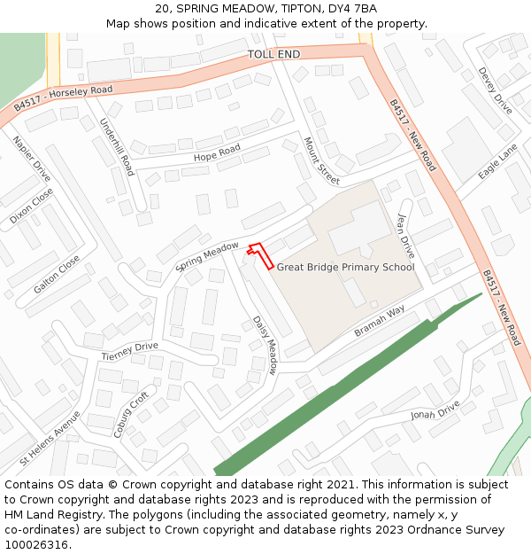 20, SPRING MEADOW, TIPTON, DY4 7BA: Location map and indicative extent of plot