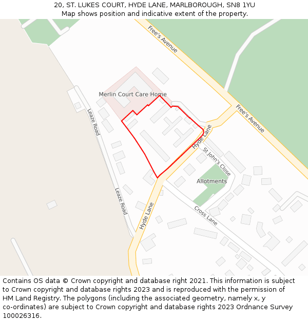 20, ST. LUKES COURT, HYDE LANE, MARLBOROUGH, SN8 1YU: Location map and indicative extent of plot