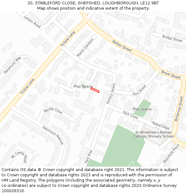 20, STABLEFORD CLOSE, SHEPSHED, LOUGHBOROUGH, LE12 9BT: Location map and indicative extent of plot