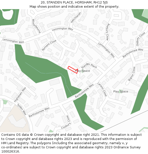 20, STANDEN PLACE, HORSHAM, RH12 5JS: Location map and indicative extent of plot