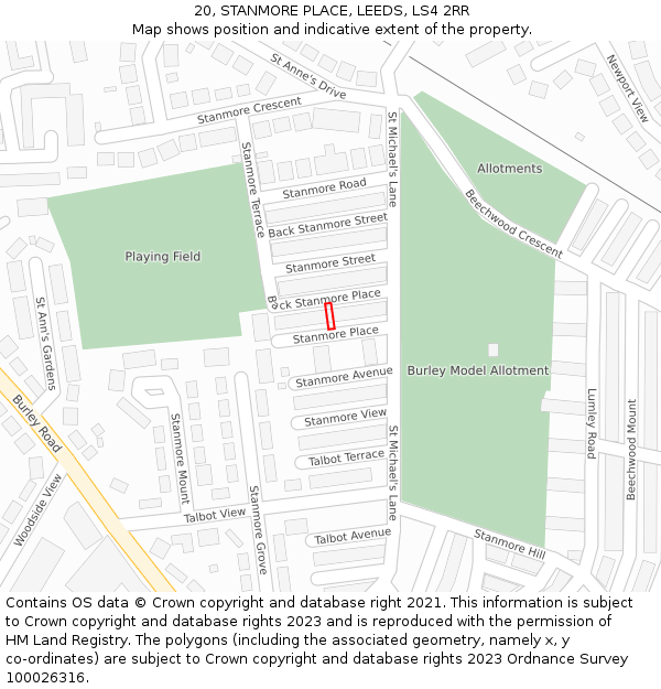 20, STANMORE PLACE, LEEDS, LS4 2RR: Location map and indicative extent of plot