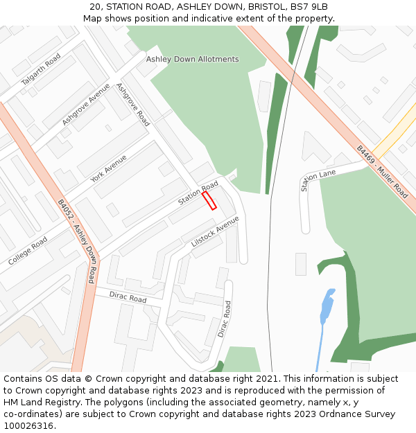 20, STATION ROAD, ASHLEY DOWN, BRISTOL, BS7 9LB: Location map and indicative extent of plot