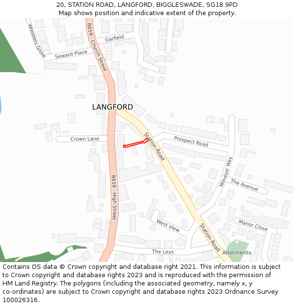 20, STATION ROAD, LANGFORD, BIGGLESWADE, SG18 9PD: Location map and indicative extent of plot
