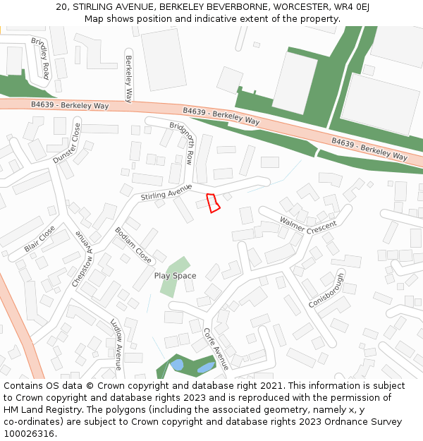 20, STIRLING AVENUE, BERKELEY BEVERBORNE, WORCESTER, WR4 0EJ: Location map and indicative extent of plot