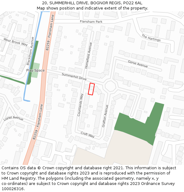 20, SUMMERHILL DRIVE, BOGNOR REGIS, PO22 6AL: Location map and indicative extent of plot