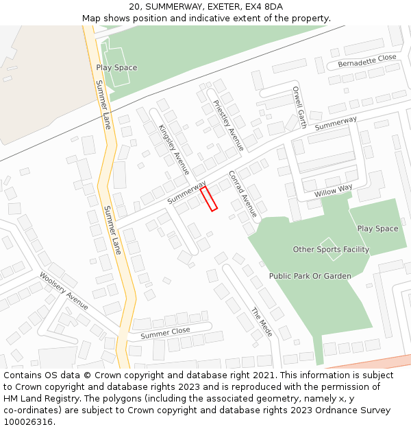 20, SUMMERWAY, EXETER, EX4 8DA: Location map and indicative extent of plot