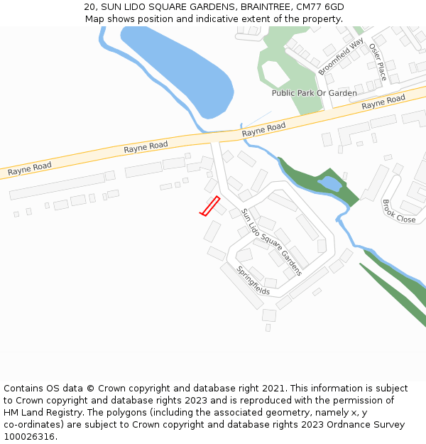 20, SUN LIDO SQUARE GARDENS, BRAINTREE, CM77 6GD: Location map and indicative extent of plot