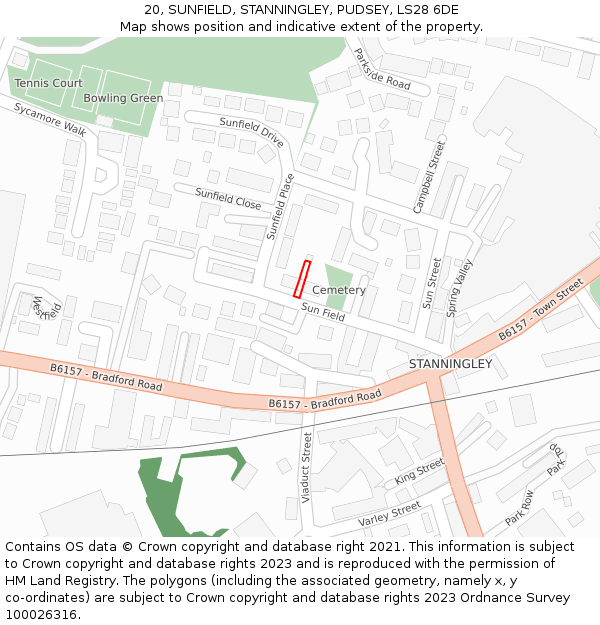 20, SUNFIELD, STANNINGLEY, PUDSEY, LS28 6DE: Location map and indicative extent of plot