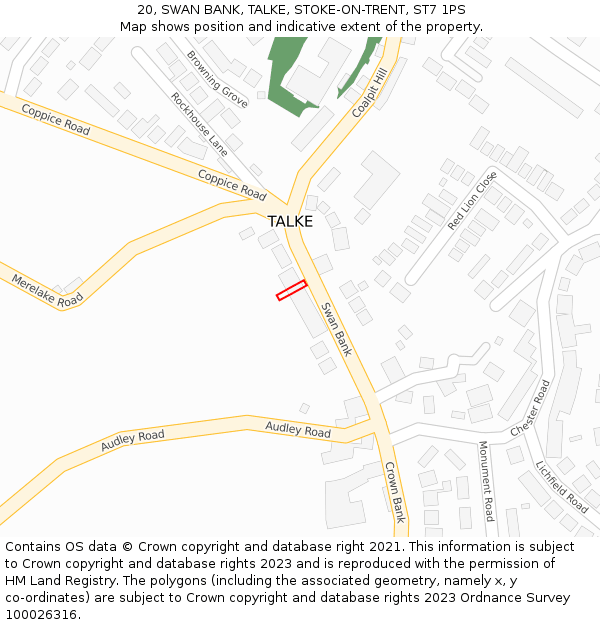 20, SWAN BANK, TALKE, STOKE-ON-TRENT, ST7 1PS: Location map and indicative extent of plot