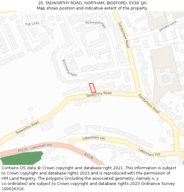 20, TADWORTHY ROAD, NORTHAM, BIDEFORD, EX39 1JN: Location map and indicative extent of plot