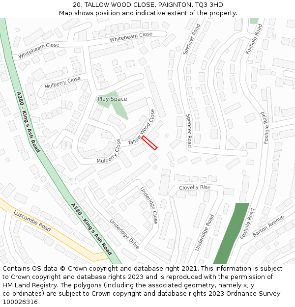 20, TALLOW WOOD CLOSE, PAIGNTON, TQ3 3HD: Location map and indicative extent of plot