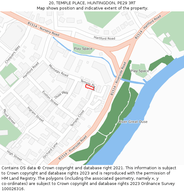 20, TEMPLE PLACE, HUNTINGDON, PE29 3RT: Location map and indicative extent of plot