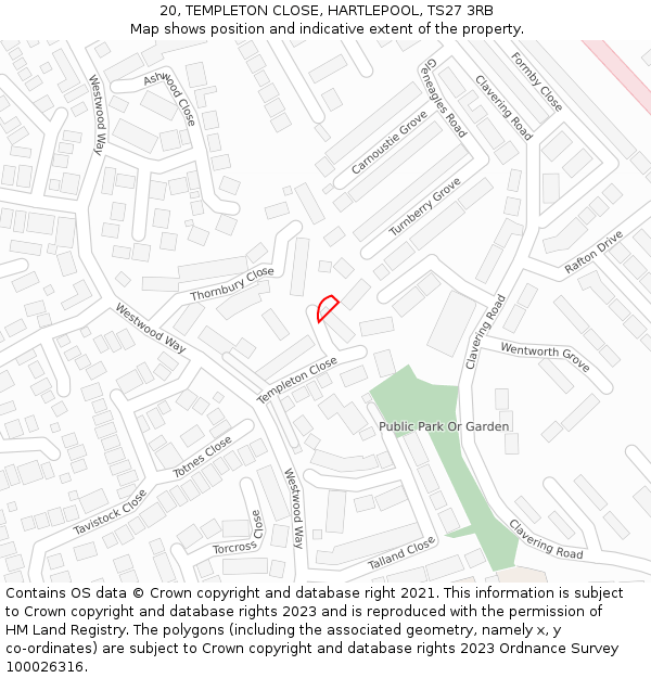 20, TEMPLETON CLOSE, HARTLEPOOL, TS27 3RB: Location map and indicative extent of plot