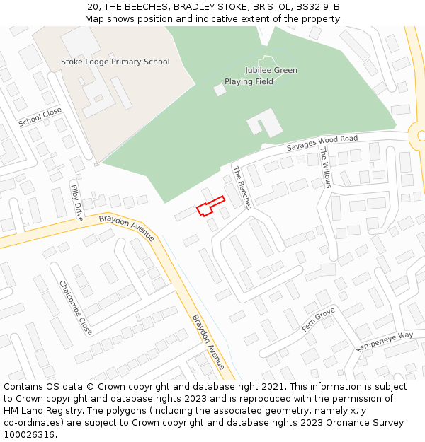 20, THE BEECHES, BRADLEY STOKE, BRISTOL, BS32 9TB: Location map and indicative extent of plot