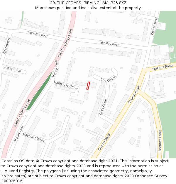 20, THE CEDARS, BIRMINGHAM, B25 8XZ: Location map and indicative extent of plot