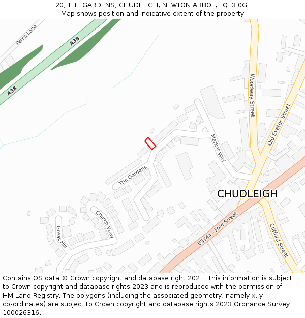 20, THE GARDENS, CHUDLEIGH, NEWTON ABBOT, TQ13 0GE: Location map and indicative extent of plot