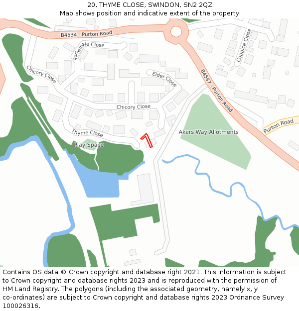 20, THYME CLOSE, SWINDON, SN2 2QZ: Location map and indicative extent of plot