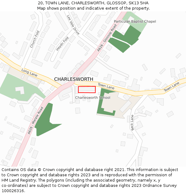 20, TOWN LANE, CHARLESWORTH, GLOSSOP, SK13 5HA: Location map and indicative extent of plot