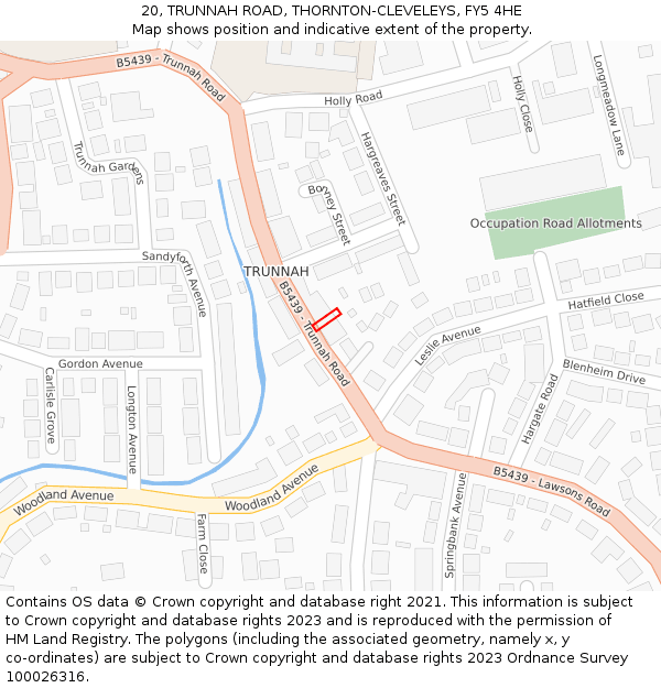20, TRUNNAH ROAD, THORNTON-CLEVELEYS, FY5 4HE: Location map and indicative extent of plot