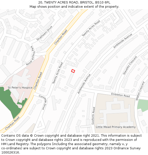 20, TWENTY ACRES ROAD, BRISTOL, BS10 6PL: Location map and indicative extent of plot