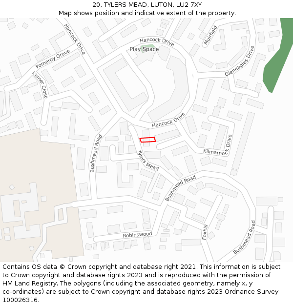 20, TYLERS MEAD, LUTON, LU2 7XY: Location map and indicative extent of plot