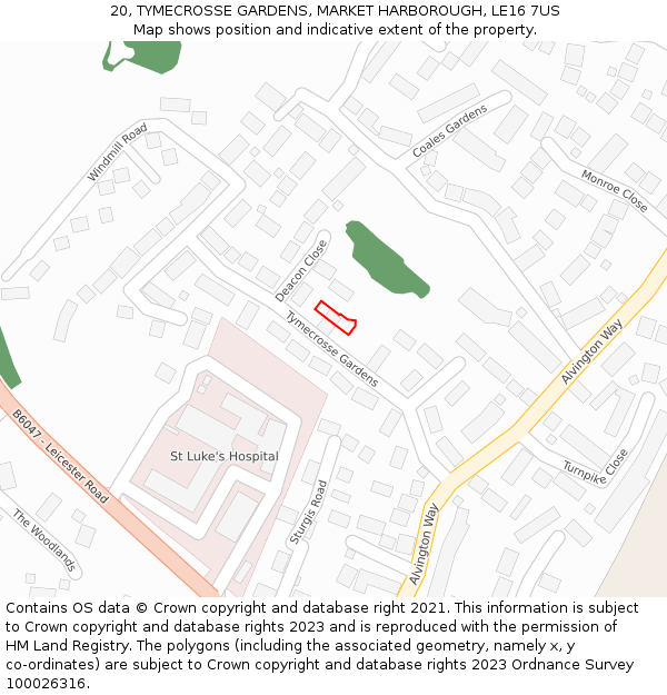 20, TYMECROSSE GARDENS, MARKET HARBOROUGH, LE16 7US: Location map and indicative extent of plot